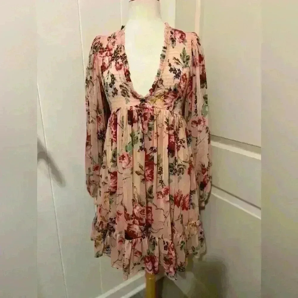 By Timo‎ Pink Floral Long Sleeve Mini Dress Small Made in India Coquette Fairy